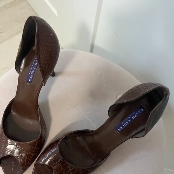 Ralph Lauren Collection Brown Leather Snake Skin Print Peep Toe Heels Size 9 - Picture 3 of 5